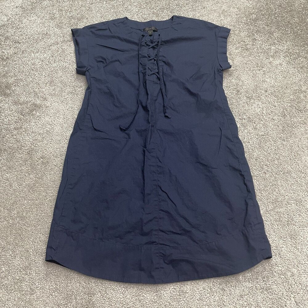 J.Crew Lace Up Shift Dress Womens Petite Small Navy Blue Cotton Casual Classic